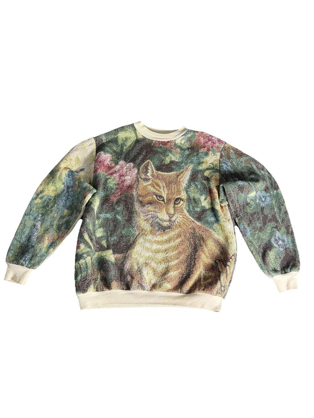 Women Sugar Street Weavers Sweater 90s vintage cat woven tapestry shirt XL